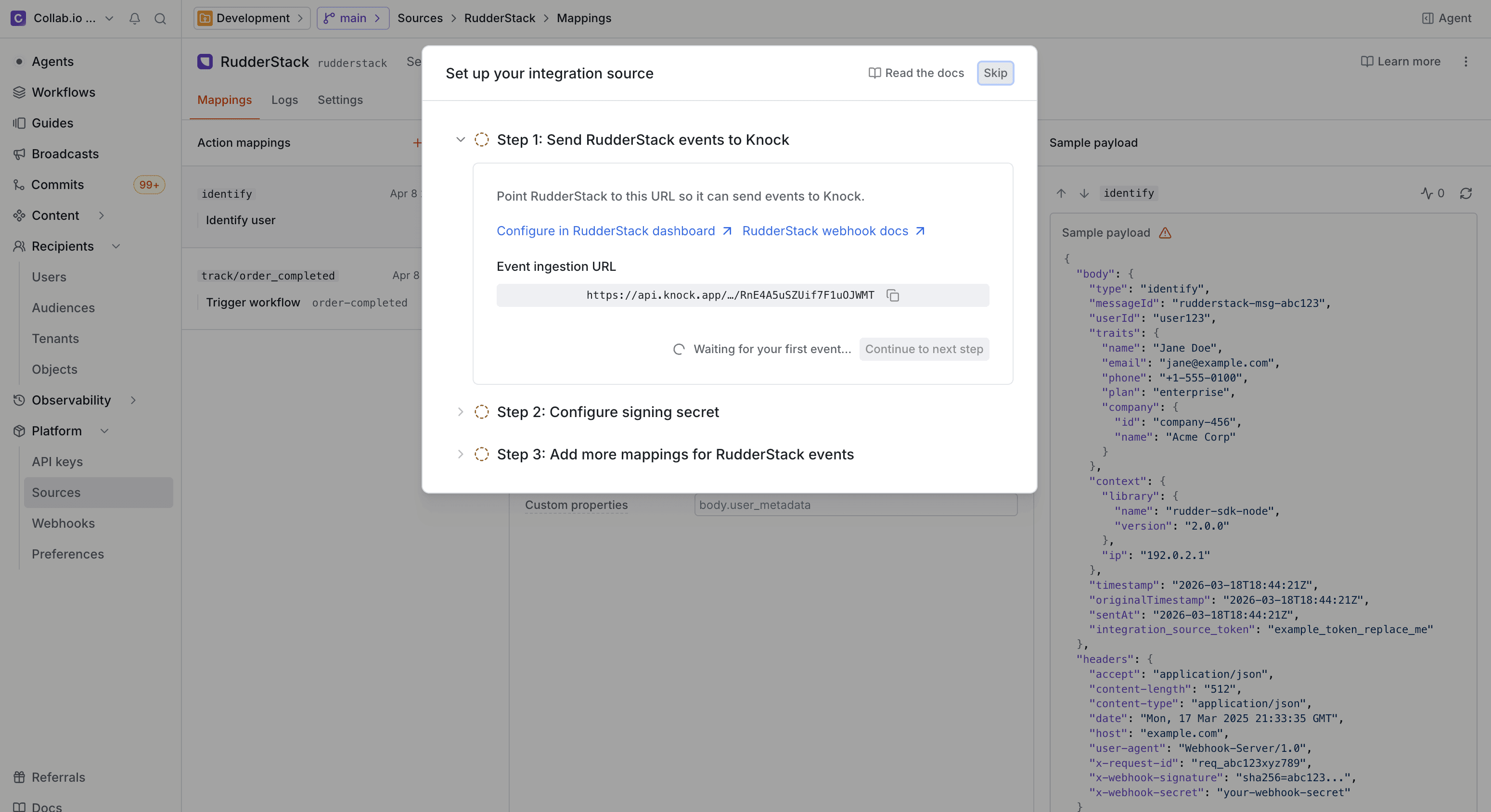 The RudderStack source setup wizard showing the event ingestion URL to copy